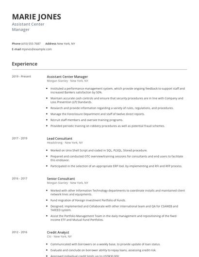 Assistant Center Manager Resume