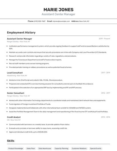 Assistant Center Manager Resume