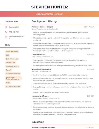 Assistant Center Manager Resume