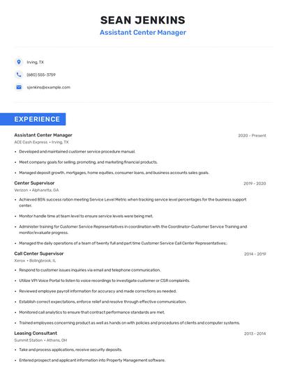 Assistant Center Manager Resume