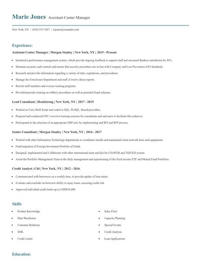 Assistant Center Manager Resume