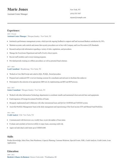 Assistant Center Manager Resume