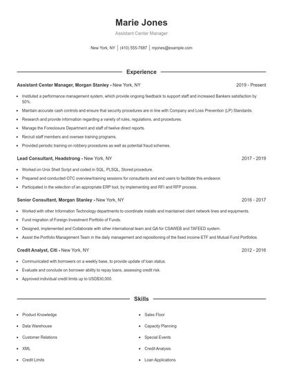 Assistant Center Manager Resume