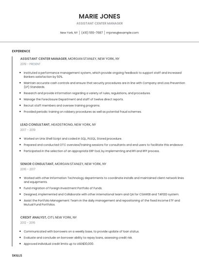 Assistant Center Manager Resume