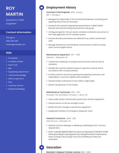 Assistant Chief Engineer Resume