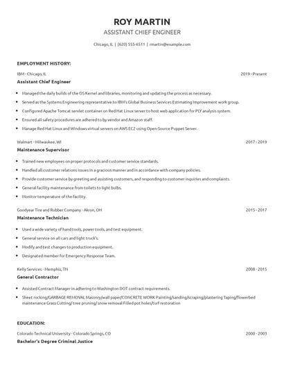 Assistant Chief Engineer Resume