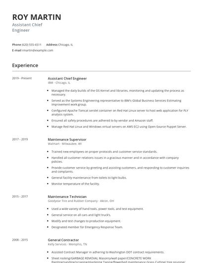 Assistant Chief Engineer Resume