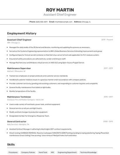 Assistant Chief Engineer Resume