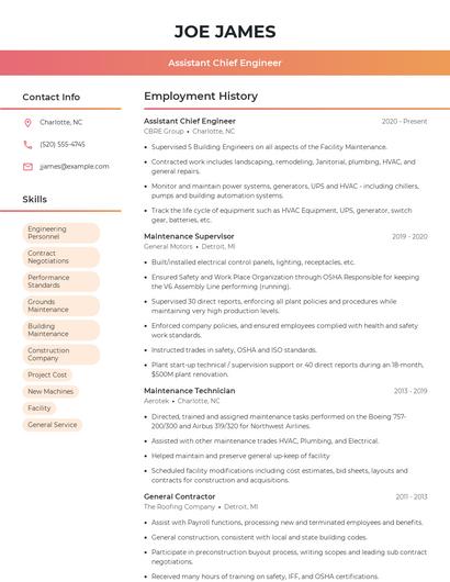 Assistant Chief Engineer Resume