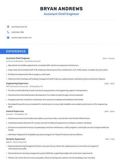 Assistant Chief Engineer Resume