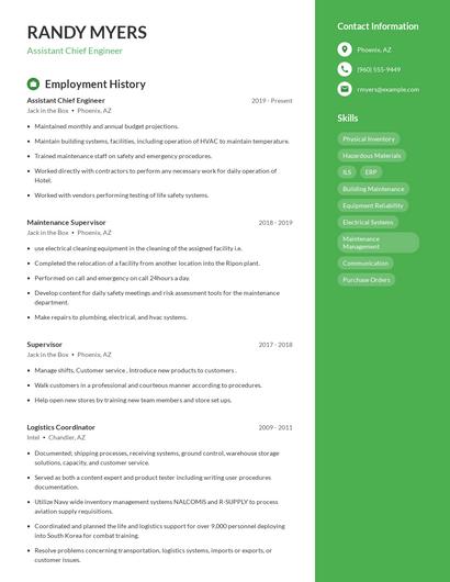 Assistant Chief Engineer Resume