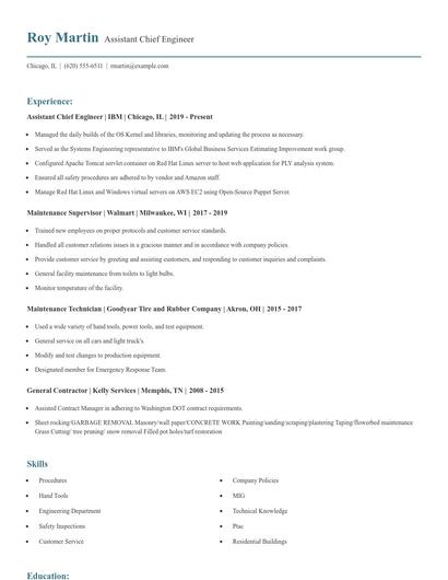 Assistant Chief Engineer Resume