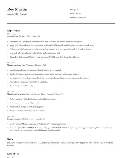 Assistant Chief Engineer Resume