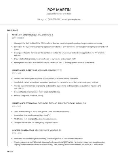 Assistant Chief Engineer Resume