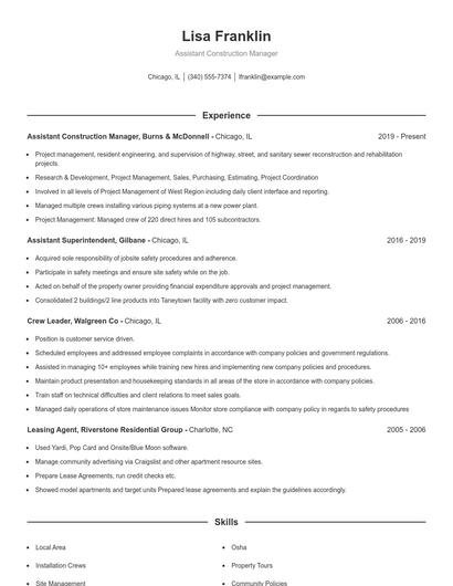 Assistant Construction Manager Resume