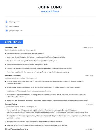 Assistant Dean Resume