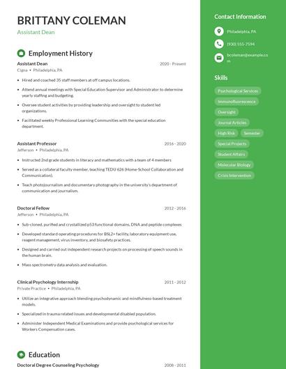 Assistant Dean Resume