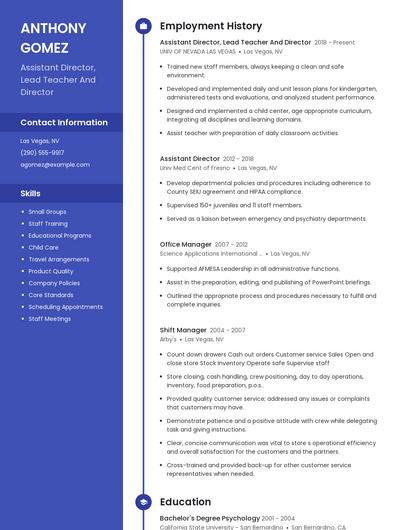 Assistant Director, Lead Teacher And Director Resume