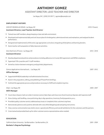 Assistant Director, Lead Teacher And Director Resume