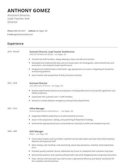 Assistant Director, Lead Teacher And Director Resume