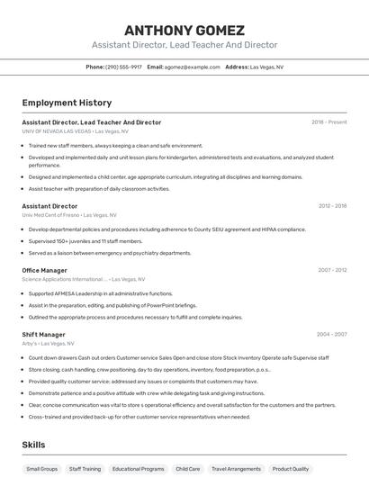 Assistant Director, Lead Teacher And Director Resume