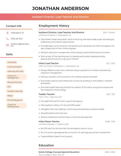 Assistant Director, Lead Teacher And Director Resume