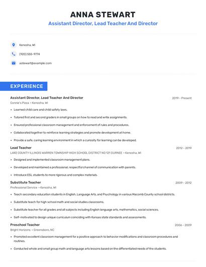 Assistant Director, Lead Teacher And Director Resume