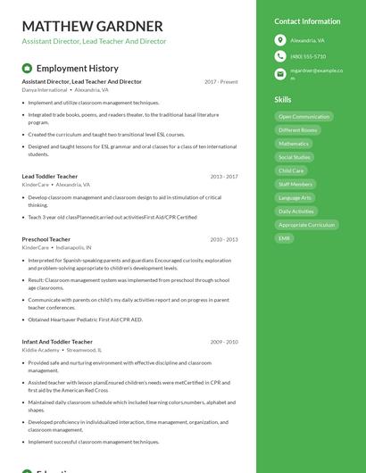 Assistant Director, Lead Teacher And Director Resume