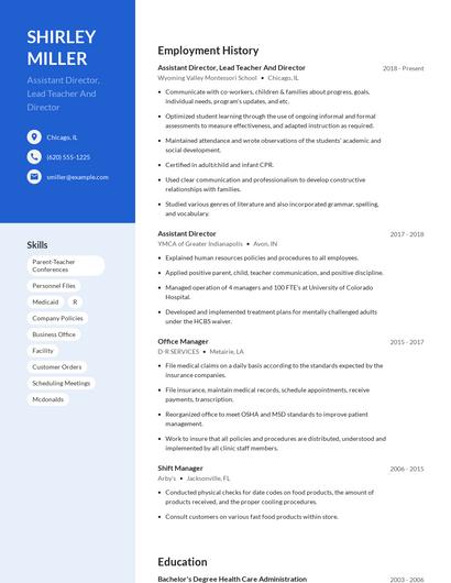 Assistant Director, Lead Teacher And Director Resume