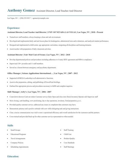 Assistant Director, Lead Teacher And Director Resume