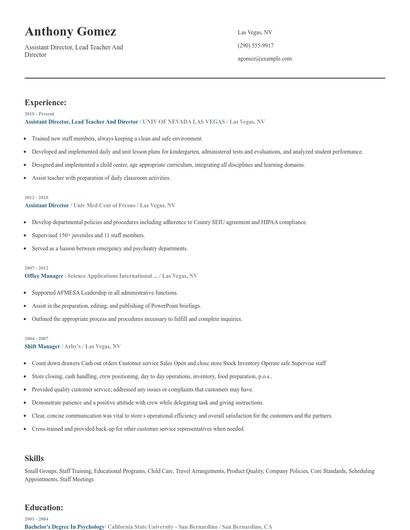 Assistant Director, Lead Teacher And Director Resume