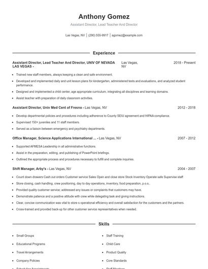 Assistant Director, Lead Teacher And Director Resume