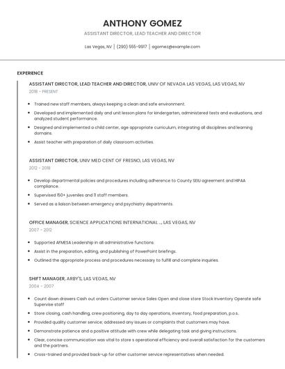 Assistant Director, Lead Teacher And Director Resume