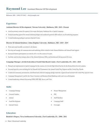 Assistant Director Of Development Resume