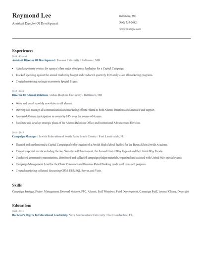Assistant Director Of Development Resume