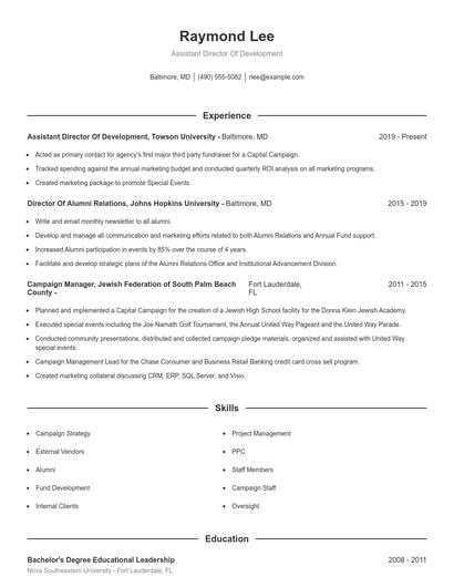 Assistant Director Of Development Resume