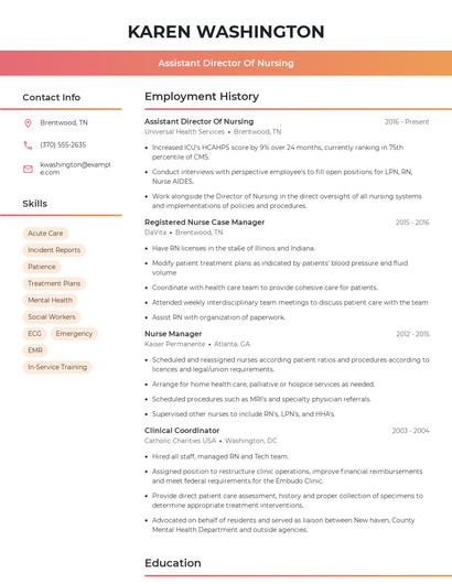 Assistant Director Of Nursing Resume