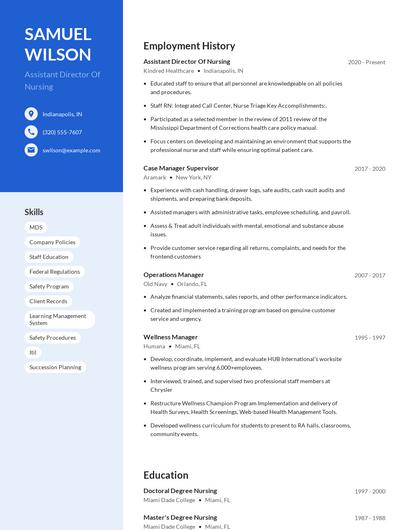 Assistant Director Of Nursing Resume