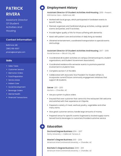 Assistant Director Of Student Activities And Housing Resume