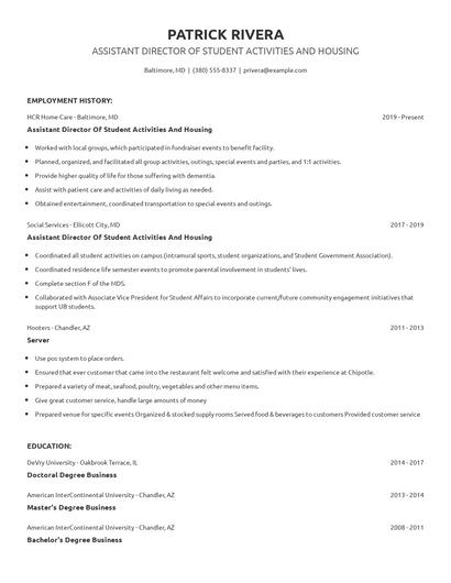 Assistant Director Of Student Activities And Housing Resume