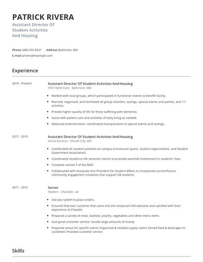 Assistant Director Of Student Activities And Housing Resume