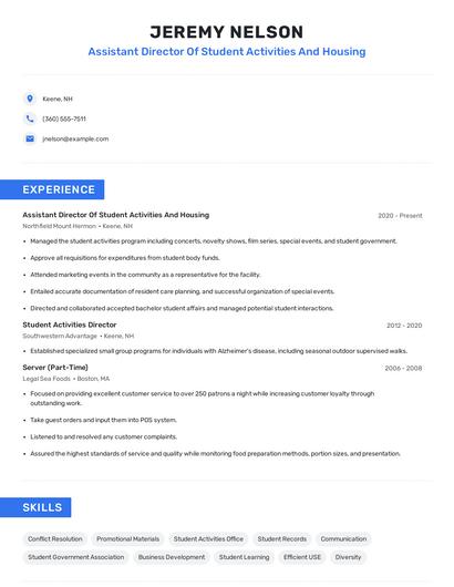 Assistant Director Of Student Activities And Housing Resume