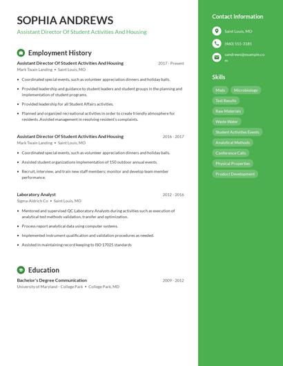 Assistant Director Of Student Activities And Housing Resume