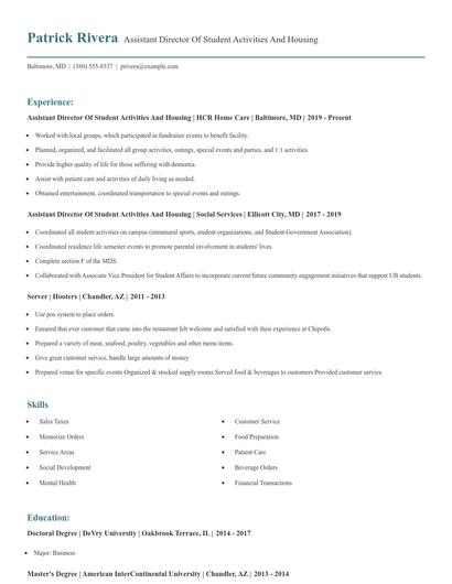 Assistant Director Of Student Activities And Housing Resume
