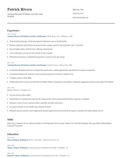 Assistant Director Of Student Activities And Housing Resume