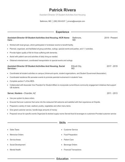 Assistant Director Of Student Activities And Housing Resume