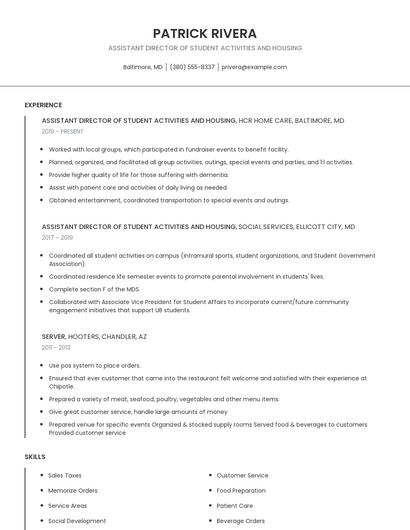 Assistant Director Of Student Activities And Housing Resume