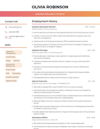 Assistant Education Director Resume