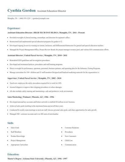 Assistant Education Director Resume