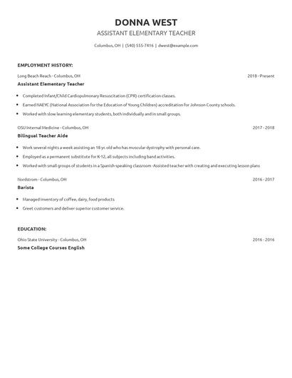 Assistant Elementary Teacher Resume